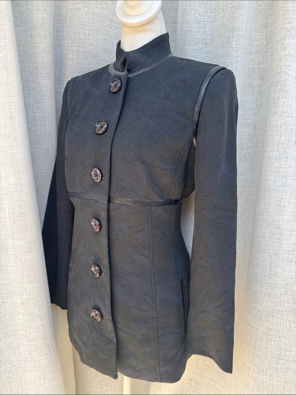 Annie Reva vintage black navy brocade crepe high neck dinner jacket leather trim